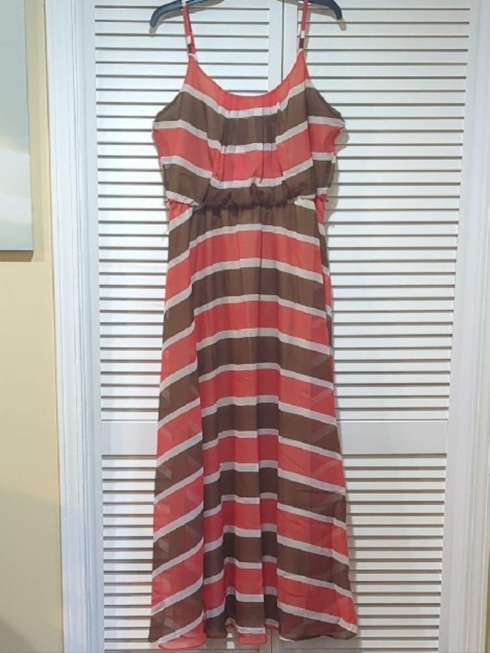 Signature by Robbie Bee Striped Chiffon Maxi Dress Coral Brown Size 14 L/XL